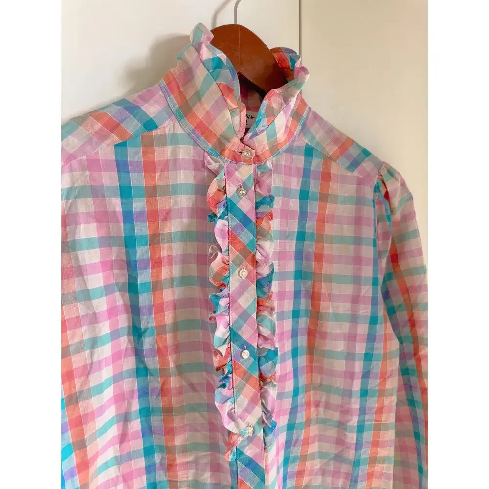Vintage 80s Womens Plaid Ruffle Front Blouse Size Medium Twee Preppy Cottagecore - Picture 3 of 9